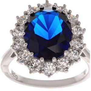 Sapphire & cz diamond halo ring sterling silver!💍